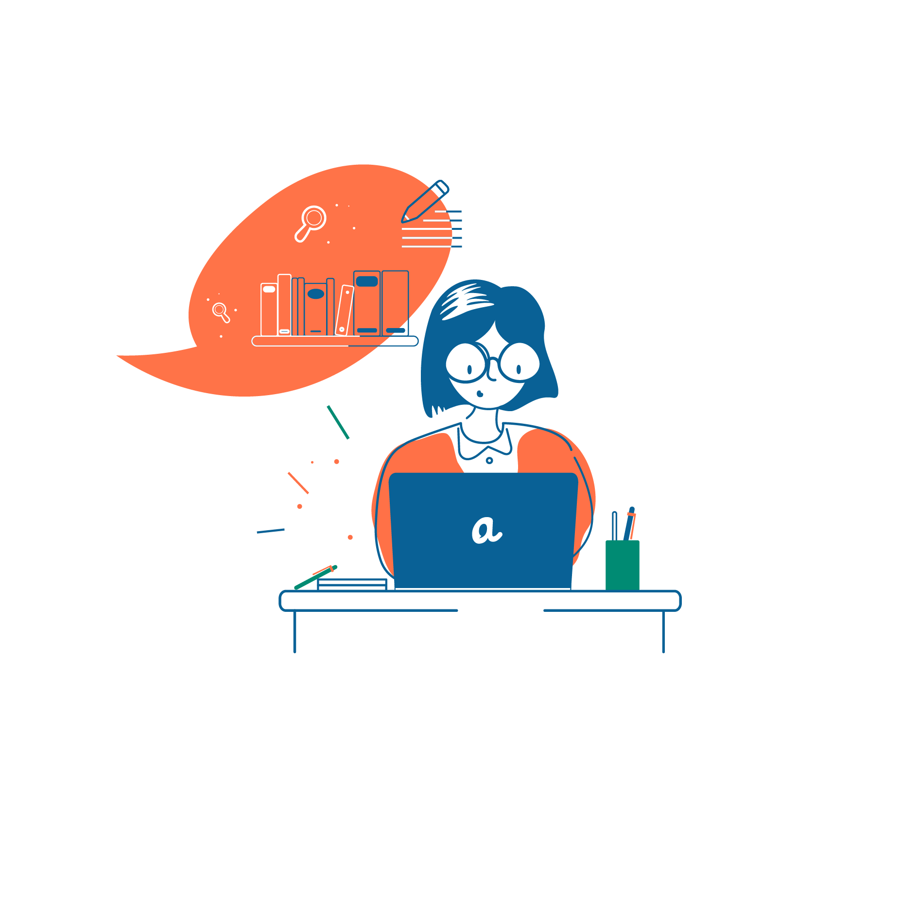 Alma-Figur beim Verfassen von Texten am Laptop.