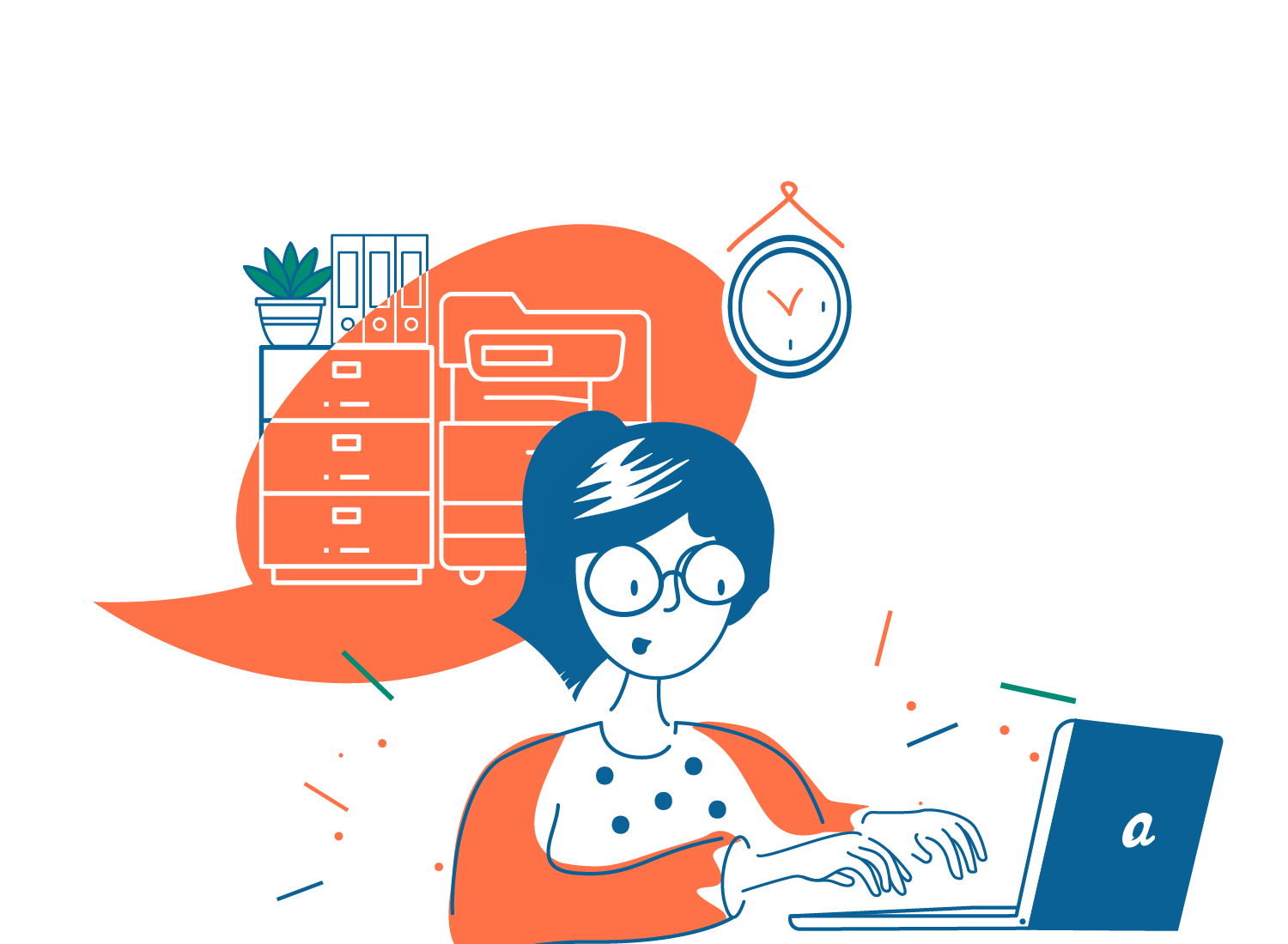 Alma-Figur bei der Organisation von Anfragen am Laptop.